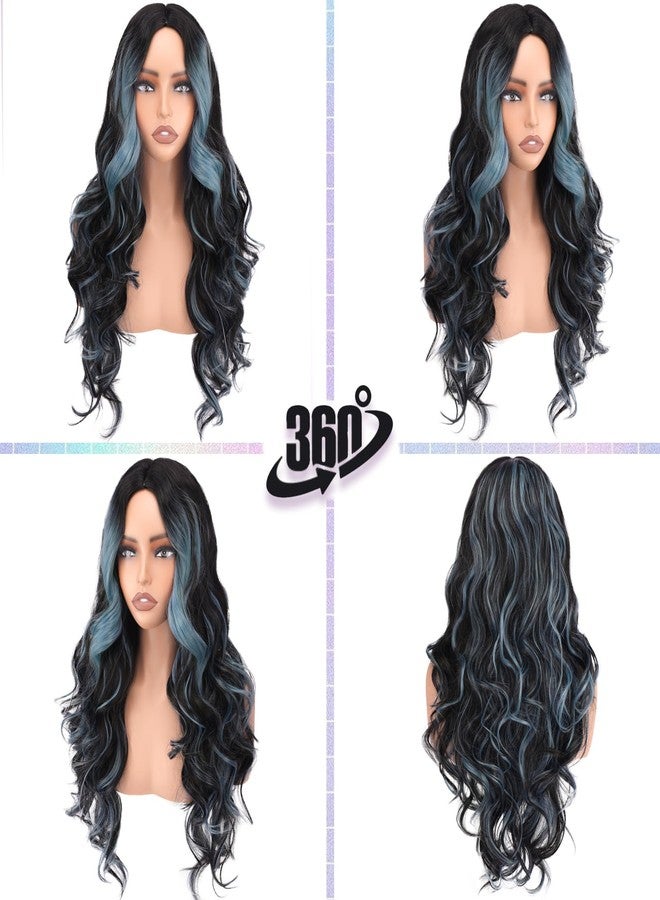 BARSDAR Black Teal Blue Highlight Long Wavy Wig with Curtain Bangs – 28 Inch Teal Blue Black Ombre Highlight Calico Wig for Women – Natural Looking Thick Soft Synthetic Party Halloween Gothic Costume - Image 4